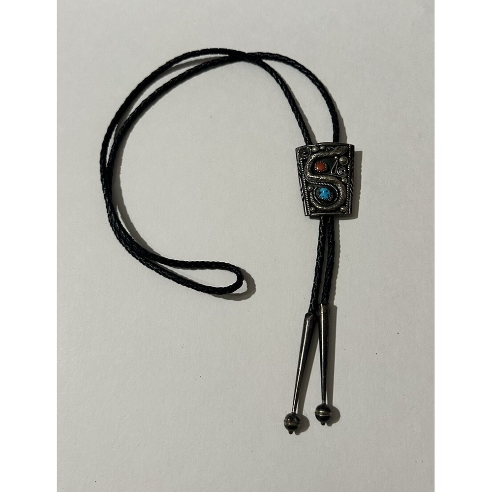 Vintage Navajo Sterling coral turquoise snake bolo tie